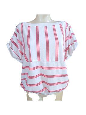 Ms. Tops California XL Vintage Women's Top Red White Striped Short Sleeve Blouse